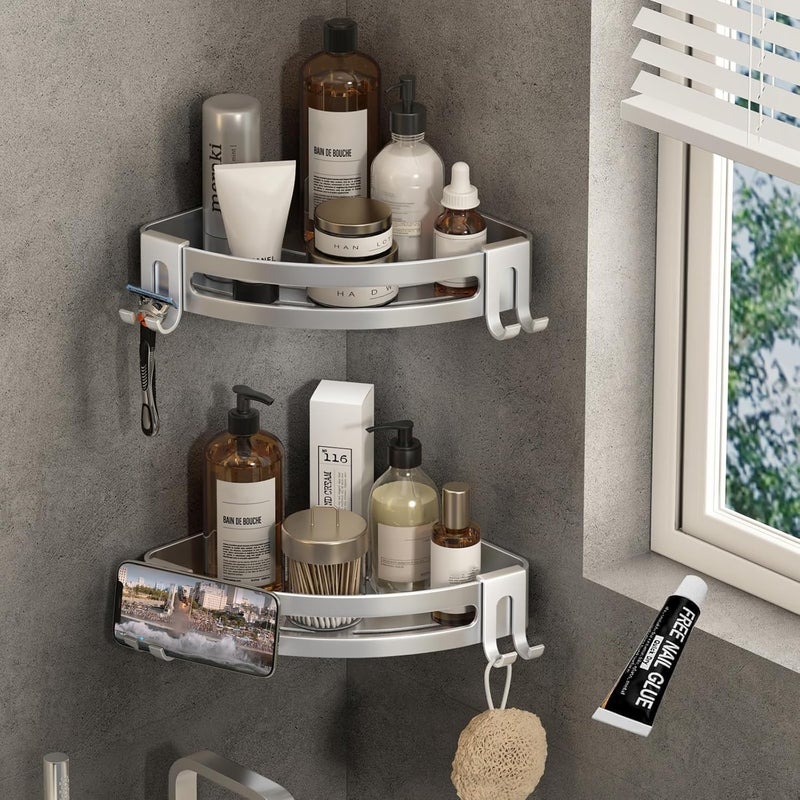 VOLPONE Shower Corner Shelf Caddy 2 Pack shower Organizer No Drill (adhesive mounting, no suction cup) Shower Storage Rust Proof Bathroom Corner Wall Shelf shampoo holder Silver - Image 1